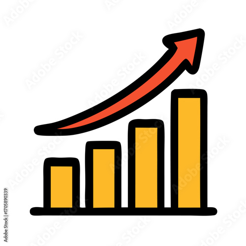 Business growth bar chart vector icon with upward arrow. Ideal for finance, profit, investment, statistics, data analysis, marketing, and economic success design projects