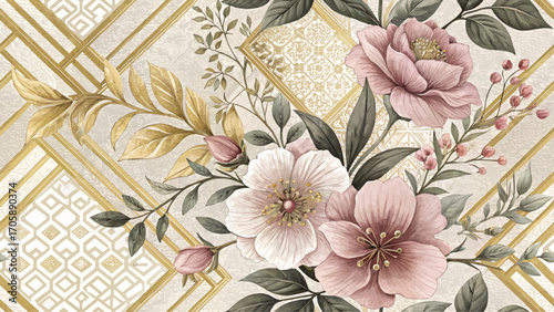 Elegant floral pattern with gold details and intricate geometric shapes. High resolution, seamless pattern. Ideal for ceramic tiles.