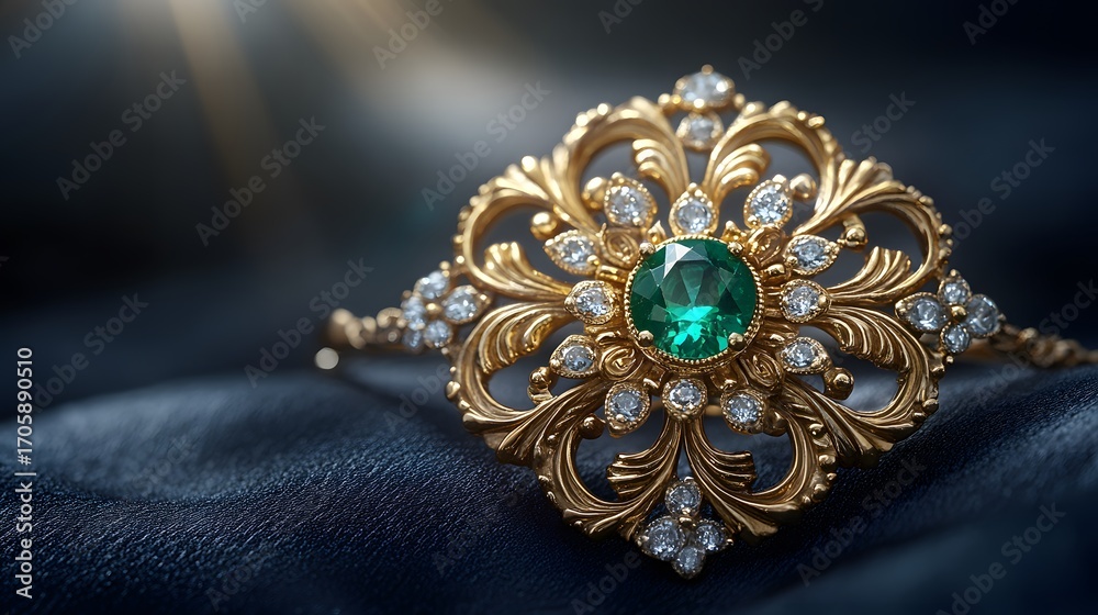 Naklejka premium The ornate gold , adorned with sparkling diamonds and a vibrant green emerald gemstone, rests elegantly on a soft, dark blue fabric surface for display.