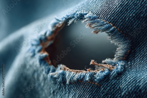 Close Up of Distressed Blue Denim with a Hole