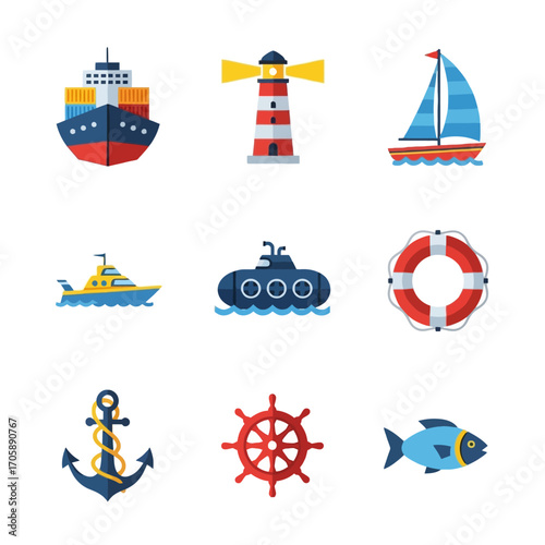 Set of 9 Flat Design Colorful Marine Transportation Icons on a White Background