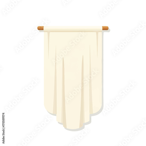 A blank, cream-colored banner hangs from a wooden rod, draped with folds and a pointed bottom edge