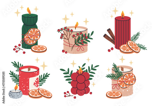 Christmas scented candles. Cartoon xmas wax candles with festive Christmas decorations, aroma wax candle for holiday home decor flat vector illustration set. Winter holidays aromatic candles