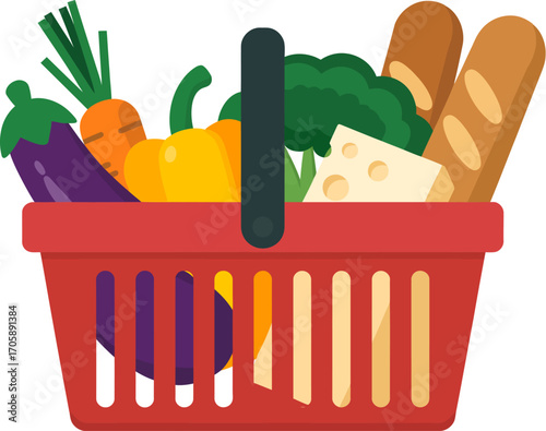 Vector art of red shopping basket filled with groceries
