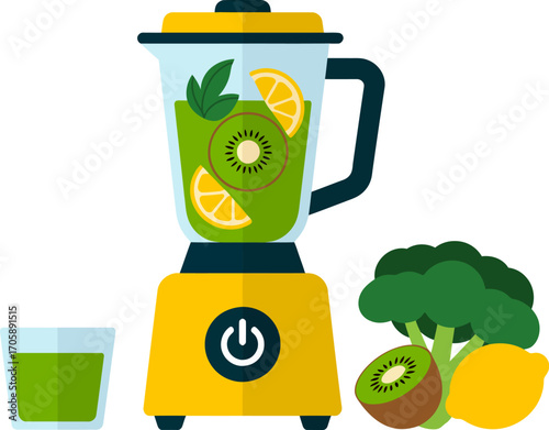 Vector art of yellow blender making green smoothie with kiwi and lemon
