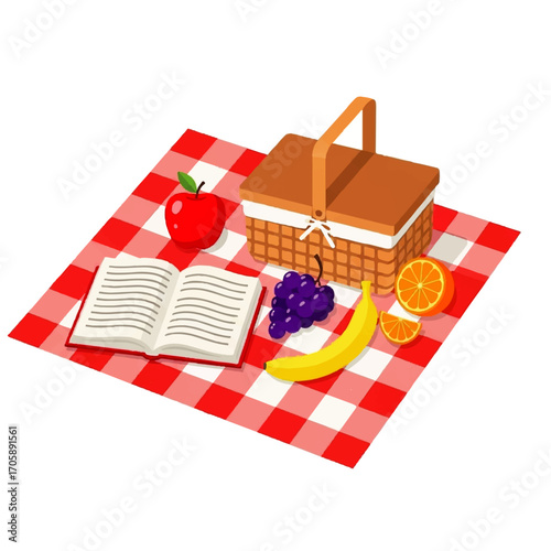 A picnic scene featuring a checkered blanket, basket, fruit, and an open book, inviting relaxation