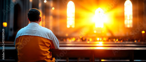 A person sits in a church, bathed in sunlight, with a glowing cross in the background, evoking a sense of peace and reflection.