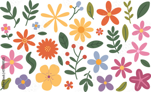 Vector art of collection of various cartoon flowers and leaves