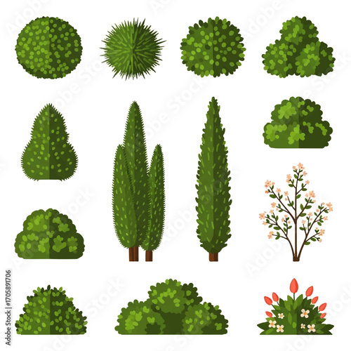A collection of various stylized illustrations of different types of trees and bushes, showcasing diverse shapes and foliage