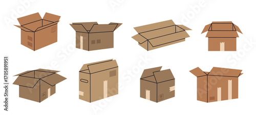 Open warehouse boxes. Cardboard moving stacked boxes, delivery containers flat vector illustration set. Cartoon boxes on white