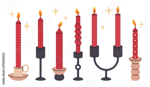 Xmas scented candles. Christmas red candles, festive Christmas decorations, aroma wax candle for holiday home decor flat vector illustration set. Cartoon winter holidays aromatic candles
