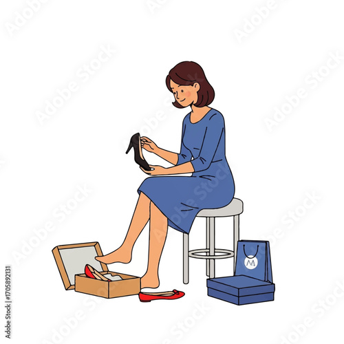 A woman sits, examining a shoe, with boxes and bags nearby