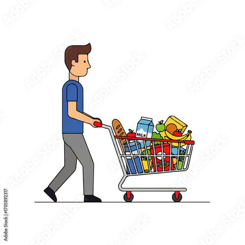 Man pushes a shopping cart filled with groceries, viewed from the side, in a stylized illustration