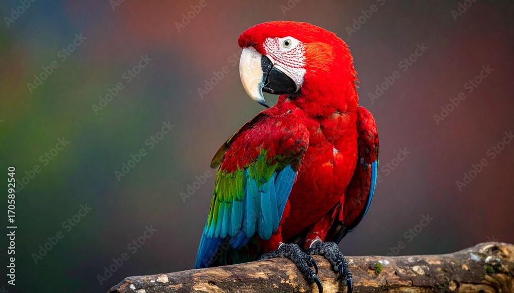 Fototapeta premium Beautiful tropical parrot with bright red green and blue feathers perched exotic bird on plain colorful background 