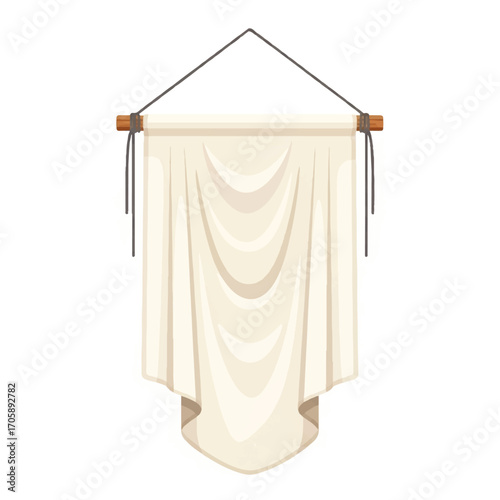 Illustration of a blank, cream-colored banner hanging from a wooden rod with a string, ready for customization