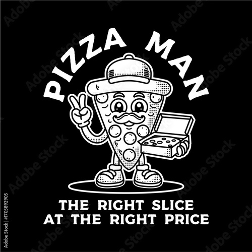 Funny cartoon pizza slice mascot with a mustache holding a delivery box, retro character design for a restaurant logo