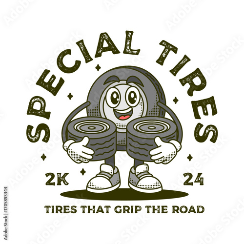 An engaging vintage-style emblem of a cheerful tire character, symbolizing quality automotive parts and reliable road grip