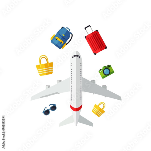 An airplane surrounded by travel essentials, ready for a vacation journey