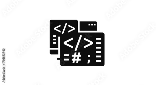Black and White Coding Icon Representing Programming and Development.