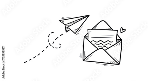 Hand-drawn doodle of a paper airplane flying from an open love letter envelope.