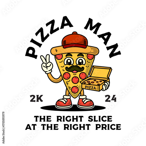 A fun and friendly cartoon pizza slice mascot with a mustache and cap, holding a delivery box and gesturing a peace sign, isolated on a white background