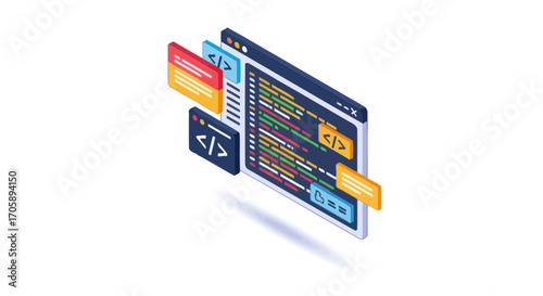 Isometric illustration of a software development interface with colorful code and UI elements.