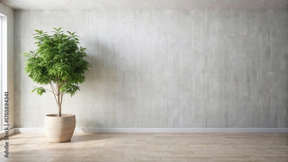 Fototapeta premium A potted leafy green tree stands serenely against a textured wall in a minimalist room with hardwood flooring