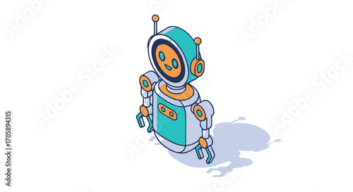 A cute friendly turquoise robot with an antenna and a digital smiley face shown in an isometric style.