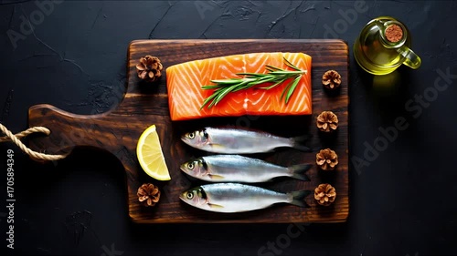 Fresh Raw Salmon Fillet with Aromatic Rosemary and Zesty Lemon on a Rustic Wooden Board, Prepared for Healthy Cooking