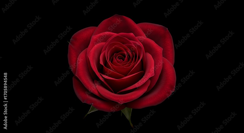 Fototapeta premium A single red rose with dark green sepals is centered on a solid black background in a close up shot