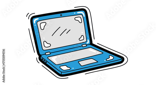A hand-drawn cartoon illustration of an open blue laptop computer.