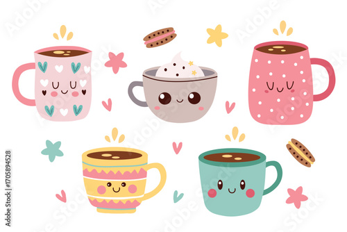 Cute Coffee cups and sweet treats. Set of Hand Drawn Coffee mugs in kawaii style. Cute mugs with various patterns and designs. Vector flat illustration. Isolated on white background.