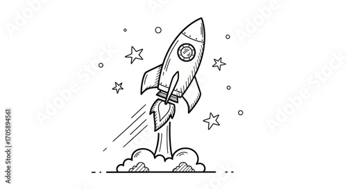 Hand-drawn rocket launching with smoke and stars illustration.