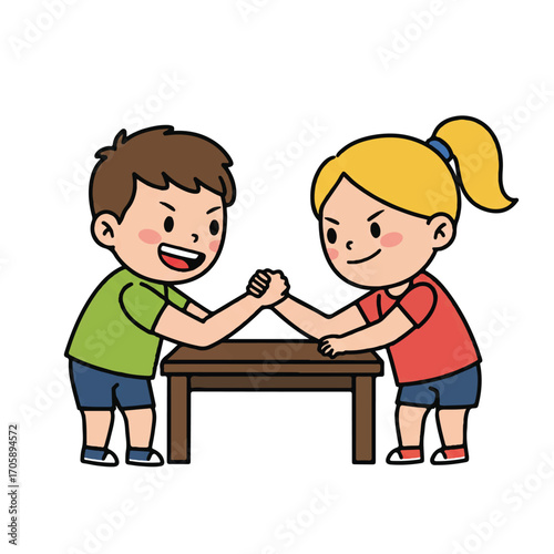 Vintage-style illustration of a boy and girl arm wrestling over a table with a playful mood.