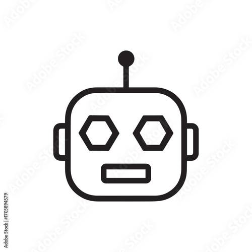 Simple outline silhouette of friendly robot head with hexagonal eyes and antenna