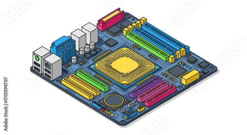 Isometric Illustration of a Colorful Computer Motherboard with CPU and RAM Slots.