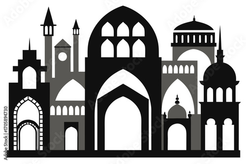 Taj Mahal vector illustration set with architectural landmarks and travel icons