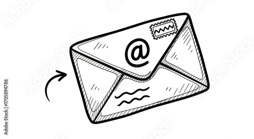 Hand-drawn Illustration of an Email Envelope with Symbol.