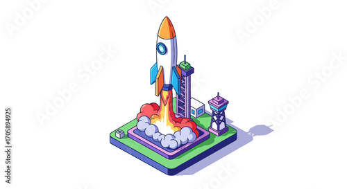 Isometric Illustration of a Rocket Launching from a Platform with Flames and Smoke.