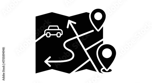 Navigation map with car route and destination pins.