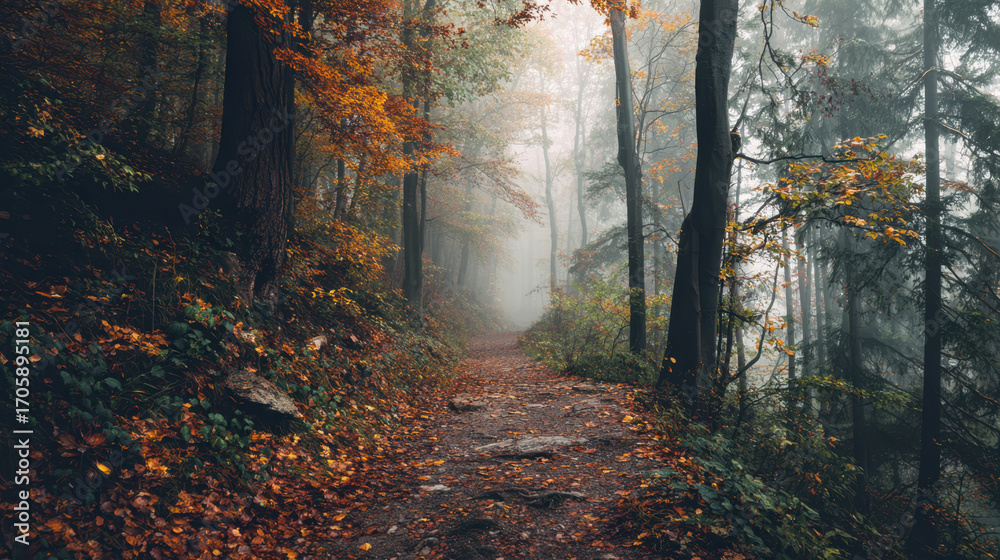Fototapeta premium Autumn hike through misty forest trail nature photography peaceful environment scenic viewpoint