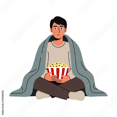 Man sits cross-legged with a blanket, holding a popcorn bowl, looking forward.