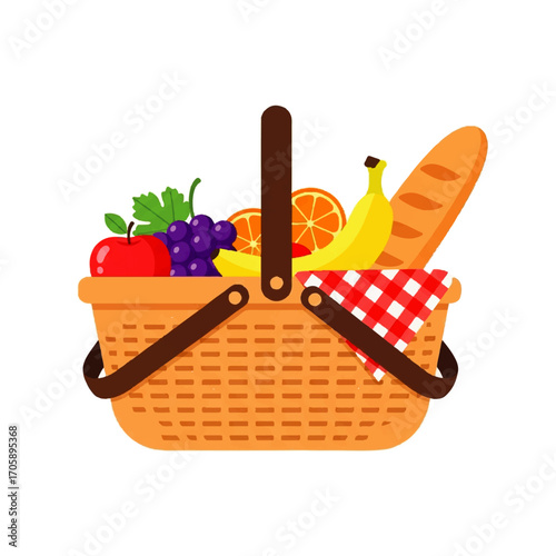 A picnic basket overflows with fresh fruit and a loaf of bread, ready for enjoyment.