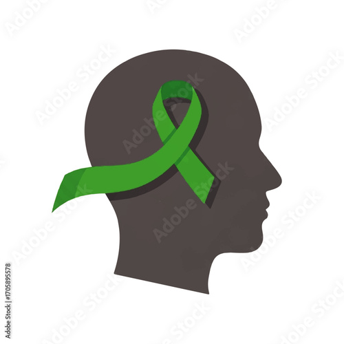 Silhouette of a head with a green ribbon, symbolizing mental health awareness and support.