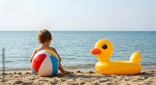 Child Sitting on Sandy Beach with Colorful Beach Ball and Inflatable Duck Enjoying Summer Day