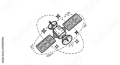 A hand-drawn sketch of an artificial communication satellite with solar panels and dish antennas.
