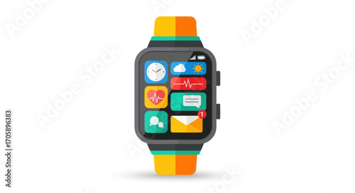 A modern smartwatch with a colorful striped wristband and a screen displaying various app icons.