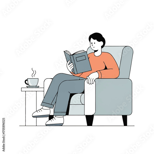 A person is sitting in a chair reading a book with a coffee cup nearby
