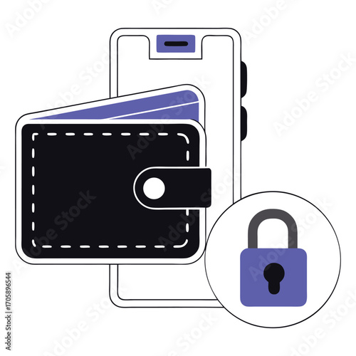 Vector art of digital wallet with credit cards and a padlock icon, representing secure online payment and financial transaction security on a
