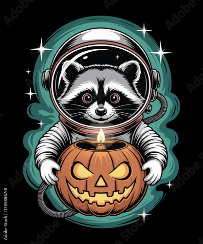 Illustration of raccoon astronaut holding a jackolantern with candle t shirt design
